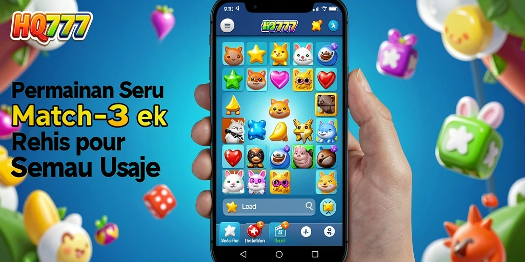 Tampilan gameplay seru HQ777 dengan elemen Match-3 yang menawan.