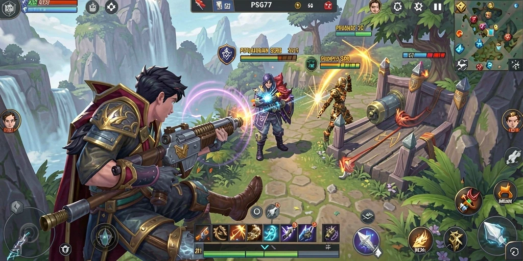 Menampilkan aksi penuh dalam gameplay PSG77 MMORPG.