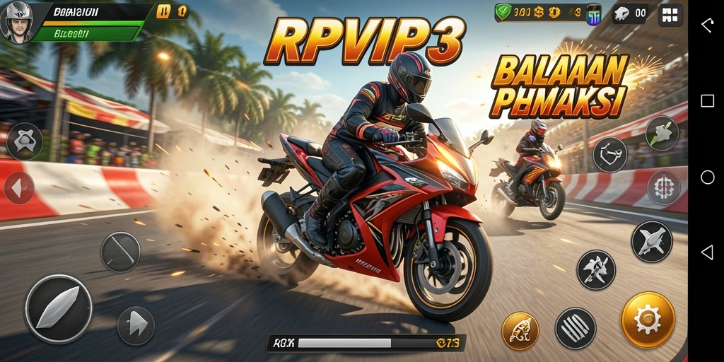 Gameplay RPVIP3 yang seru dan action-packed dalam balapan motor.